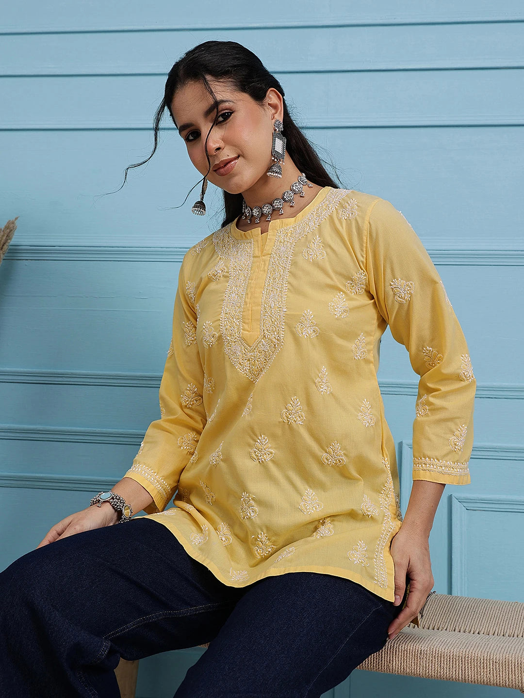 Ada Hand Embroidered Yellow Cotton Lucknowi Chikankari Short Kurti A911362