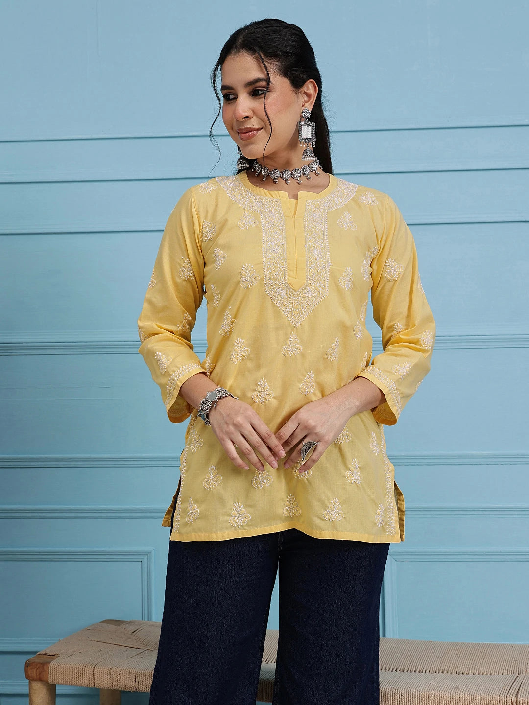 Ada Hand Embroidered Yellow Cotton Lucknowi Chikankari Short Kurti A911362