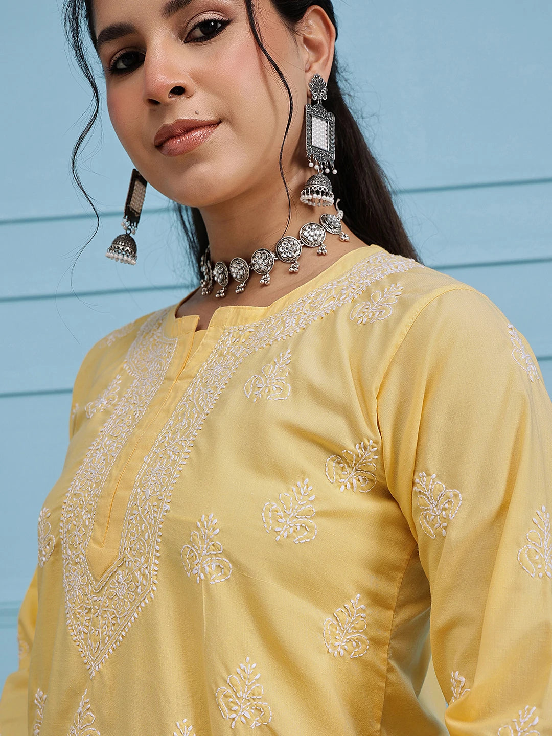 Ada Hand Embroidered Yellow Cotton Lucknowi Chikankari Short Kurti A911362