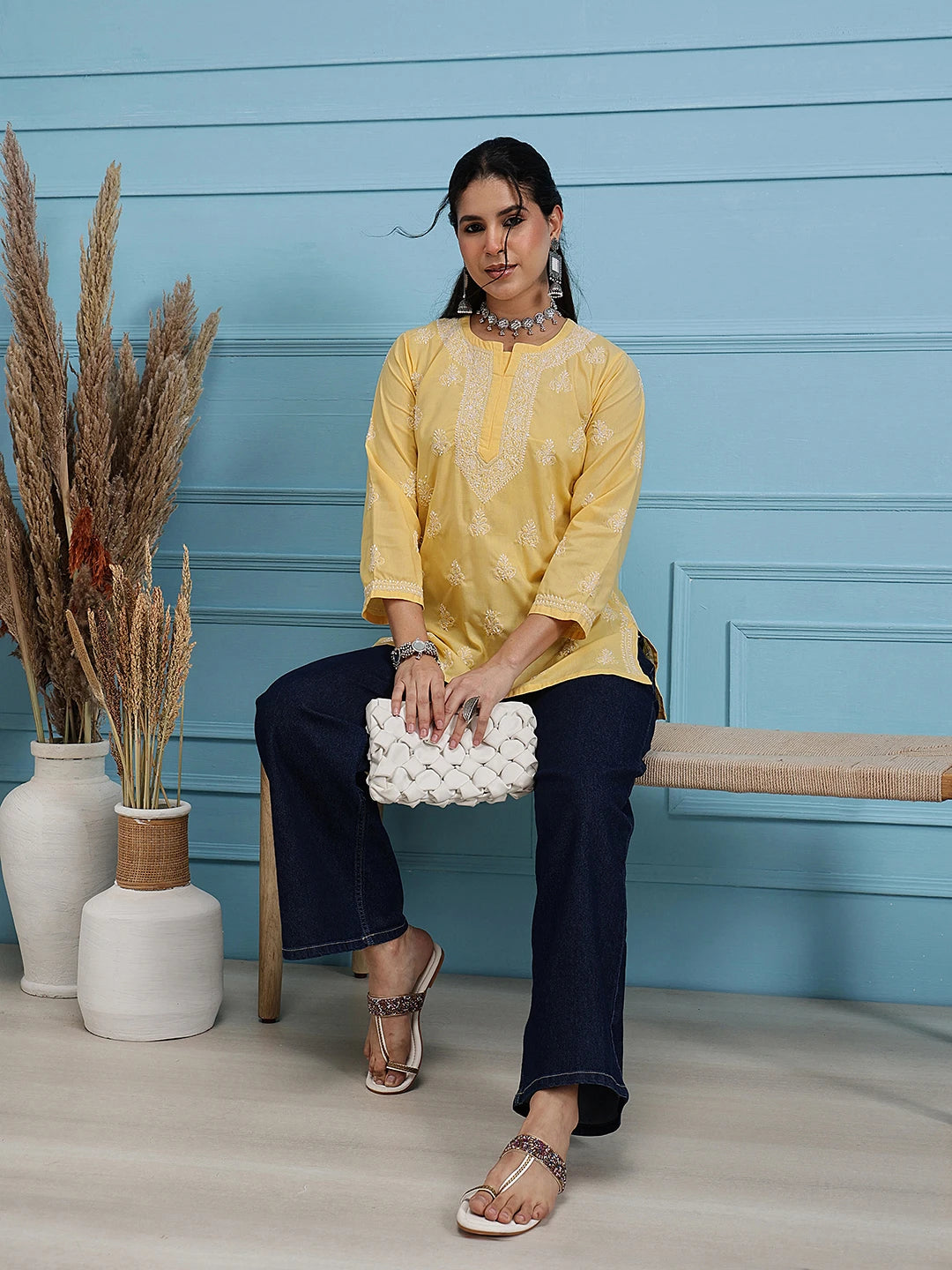 Ada Hand Embroidered Yellow Cotton Lucknowi Chikankari Short Kurti A911362