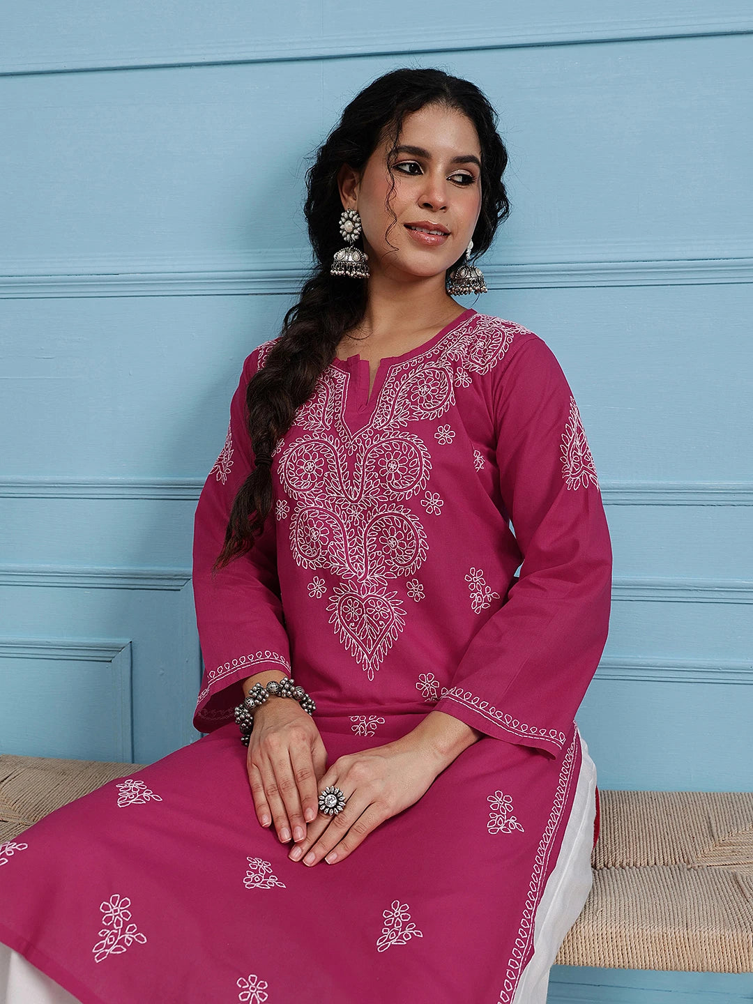 Ada Hand Embroidered Magenta Cotton Lucknowi Chikankari Straight Kurta A100349