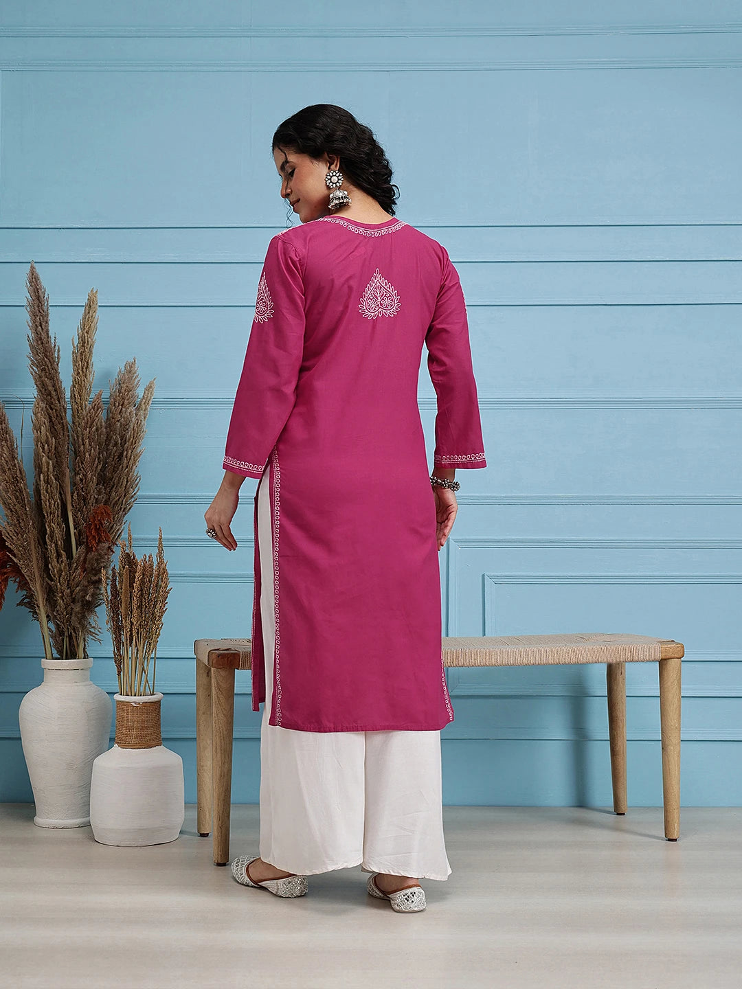 Ada Hand Embroidered Magenta Cotton Lucknowi Chikankari Straight Kurta A100349