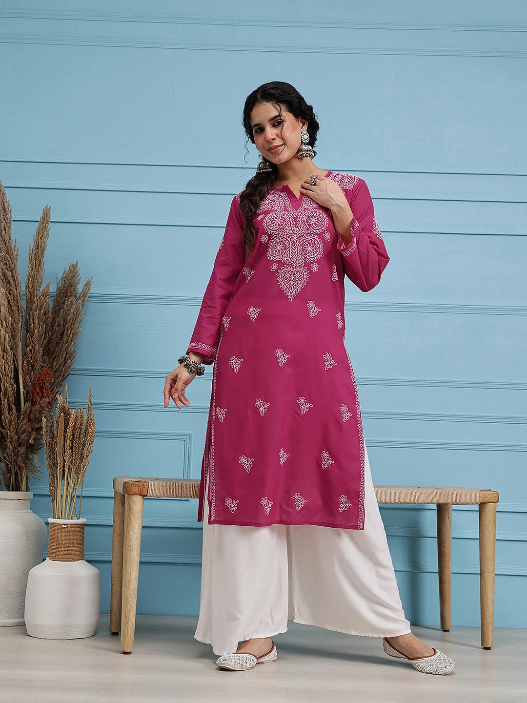 Ada Hand Embroidered Magenta Cotton Lucknowi Chikankari Straight Kurta A100349