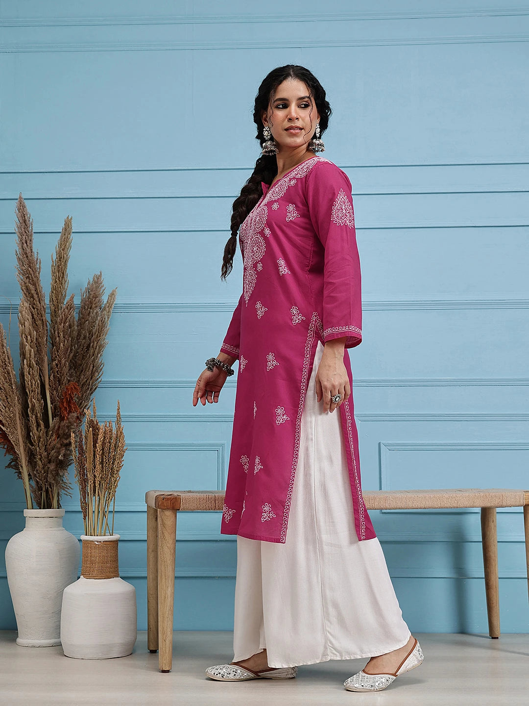 Ada Hand Embroidered Magenta Cotton Lucknowi Chikankari Straight Kurta A100349