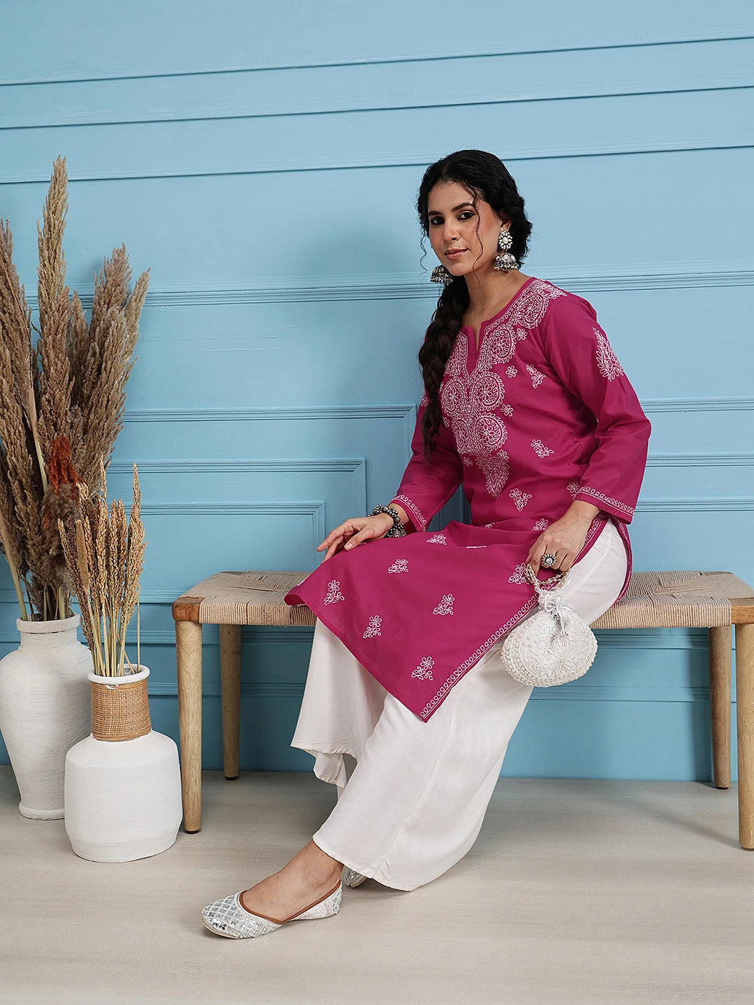 Ada Hand Embroidered Magenta Cotton Lucknowi Chikankari Straight Kurta A100349