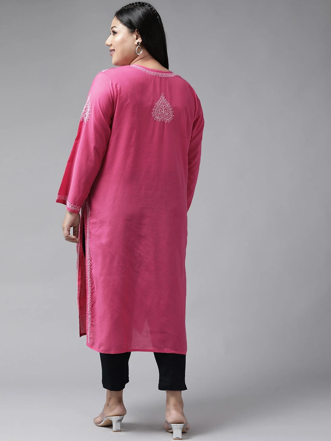 Ada Hand Embroidered Magenta Cotton Lucknowi Chikankari Straight Kurta A100349