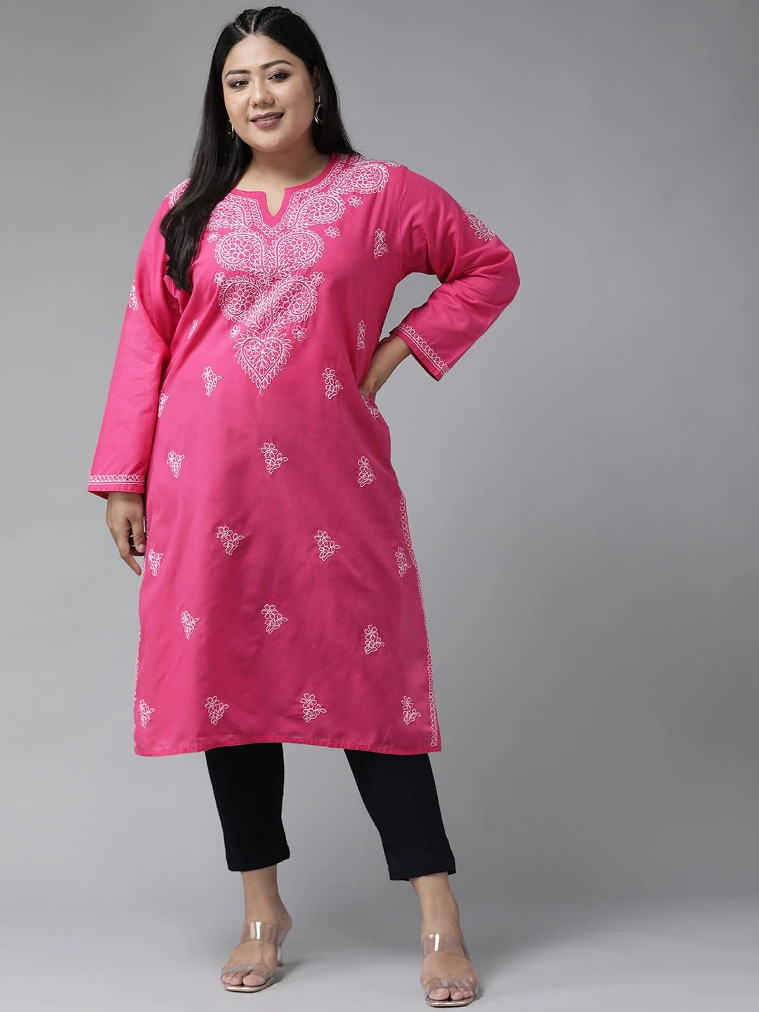 Ada Hand Embroidered Magenta Cotton Lucknowi Chikankari Straight Kurta A100349