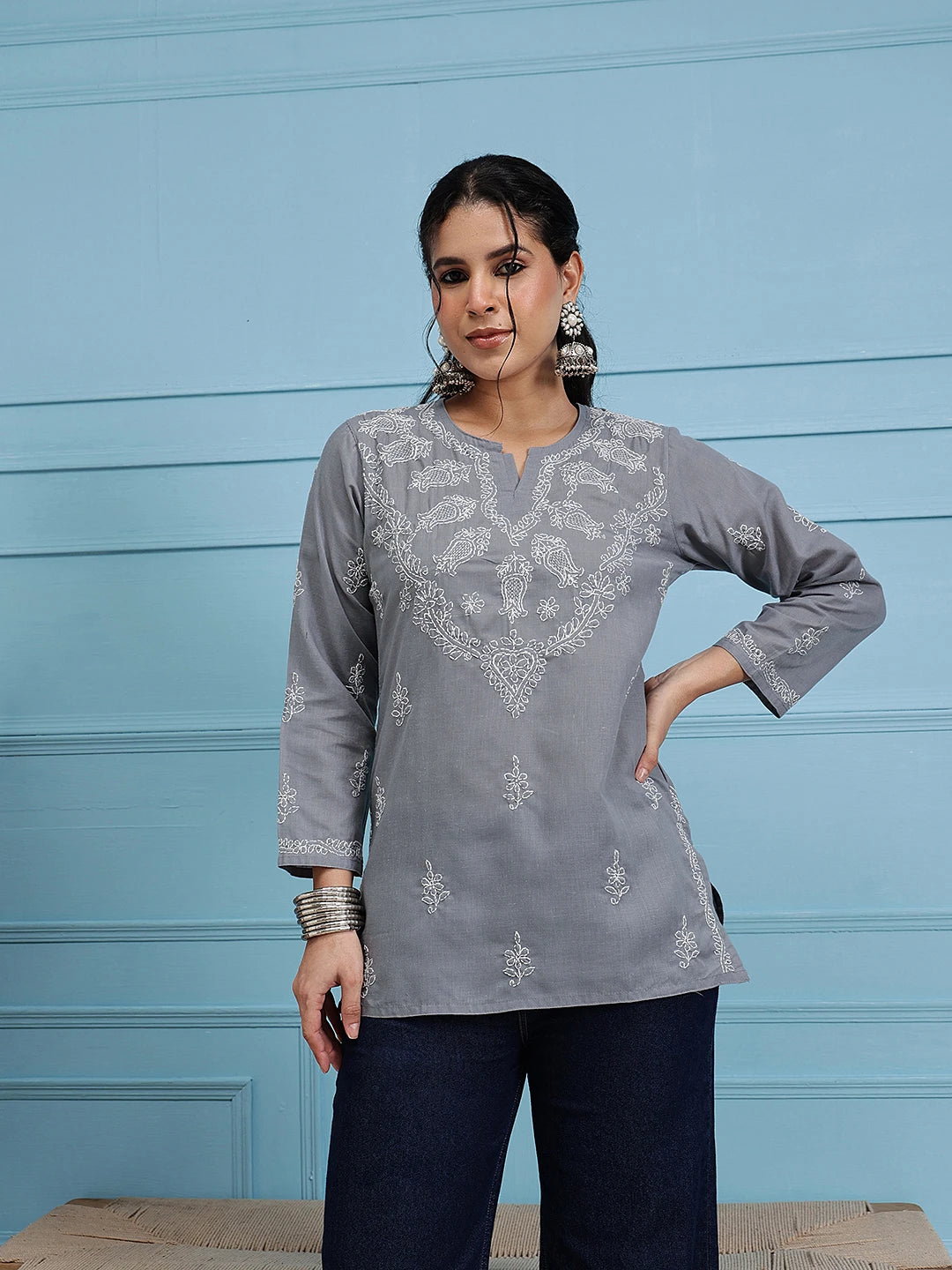 Ada Hand Embroidered Grey Cotton Lucknowi Chikankari Short Kurti A534584