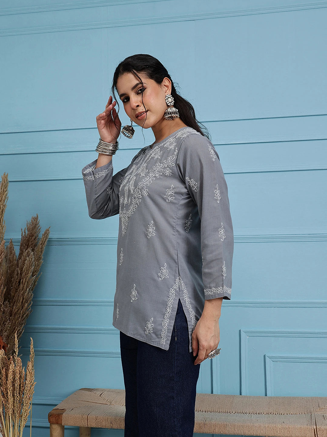 Ada Hand Embroidered Grey Cotton Lucknowi Chikankari Short Kurti A534584