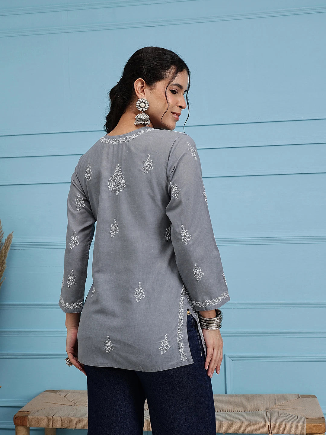 Ada Hand Embroidered Grey Cotton Lucknowi Chikankari Short Kurti A534584