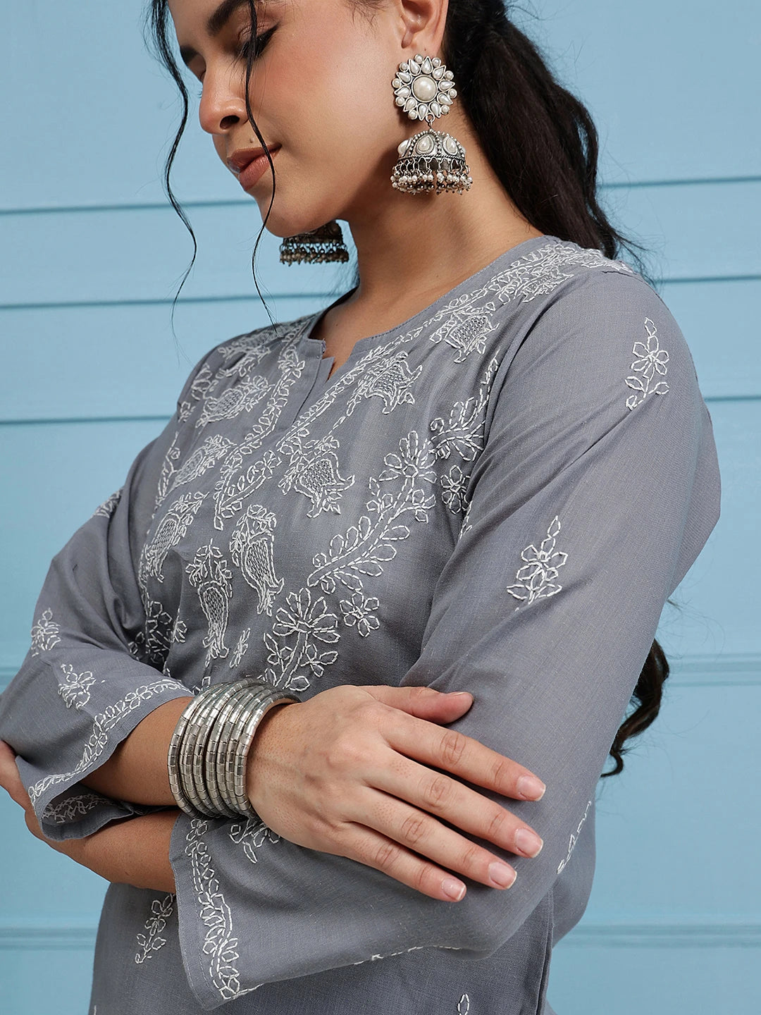 Ada Hand Embroidered Grey Cotton Lucknowi Chikankari Short Kurti A534584