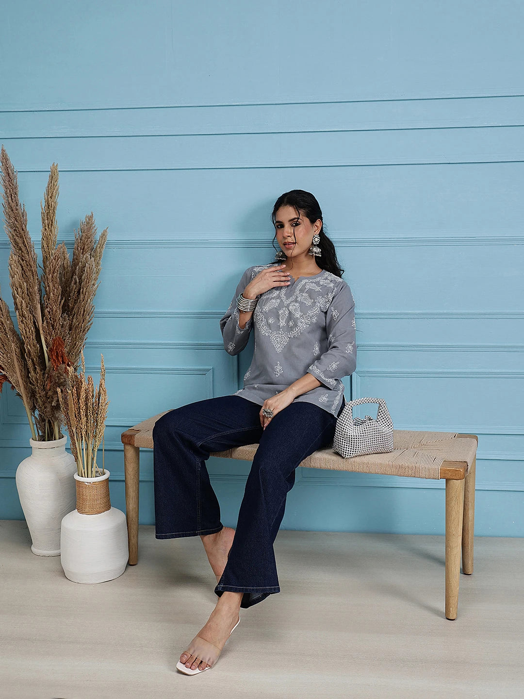 Ada Hand Embroidered Grey Cotton Lucknowi Chikankari Short Kurti A534584