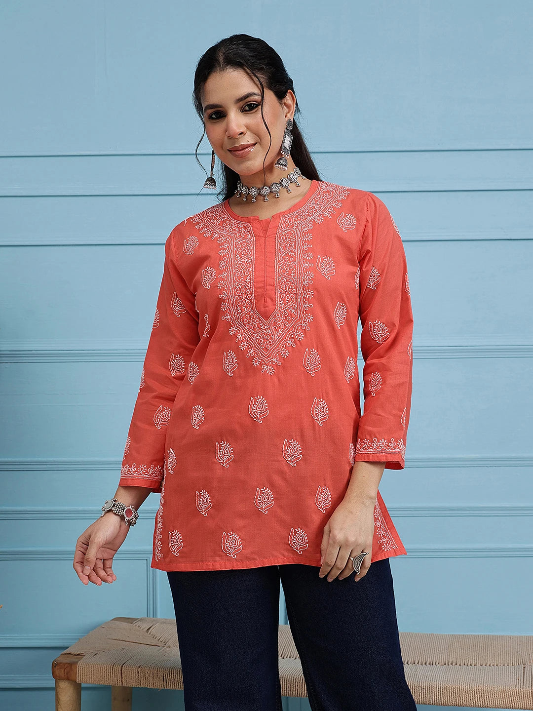 Ada Hand Embroidered Coral Red Cotton Lucknowi Chikankari Short Kurti A911387
