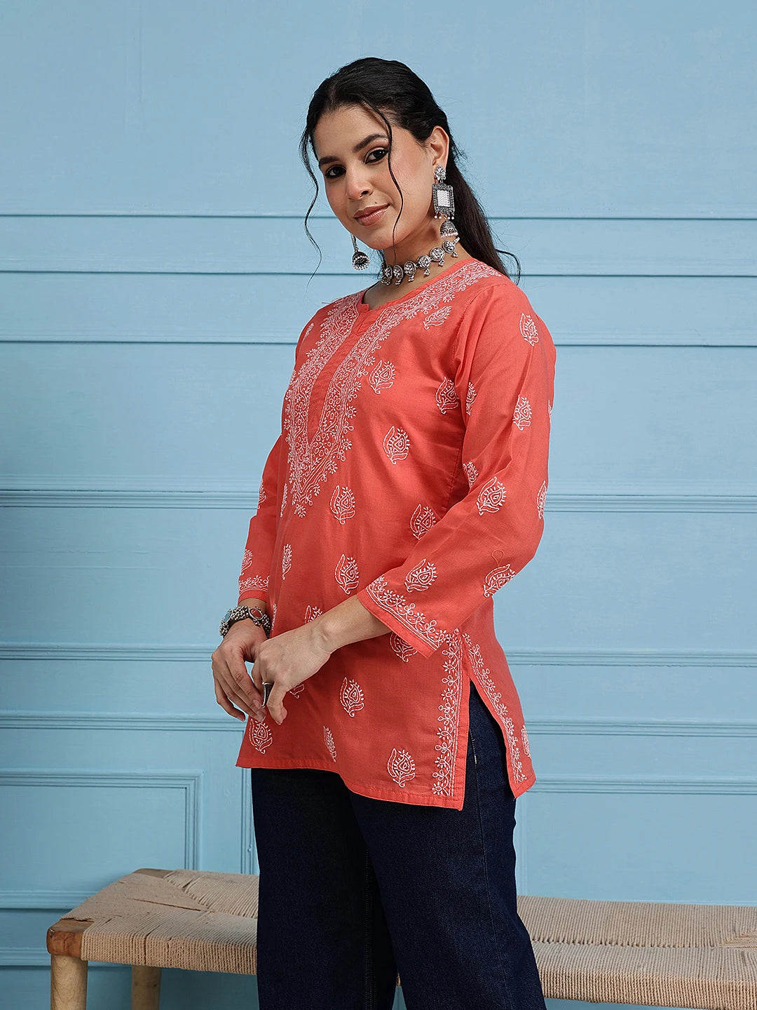Ada Hand Embroidered Coral Red Cotton Lucknowi Chikankari Short Kurti A911387