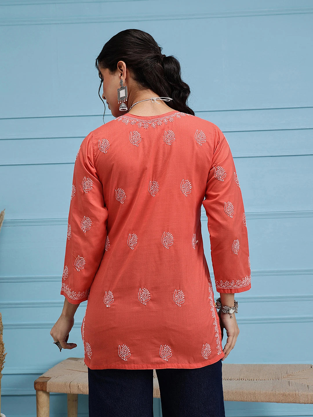 Ada Hand Embroidered Coral Red Cotton Lucknowi Chikankari Short Kurti A911387