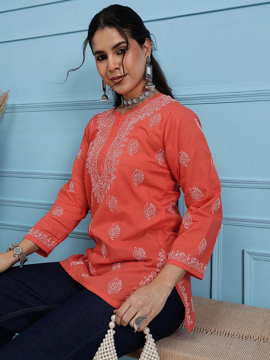 Ada Hand Embroidered Coral Red Cotton Lucknowi Chikankari Short Kurti A911387