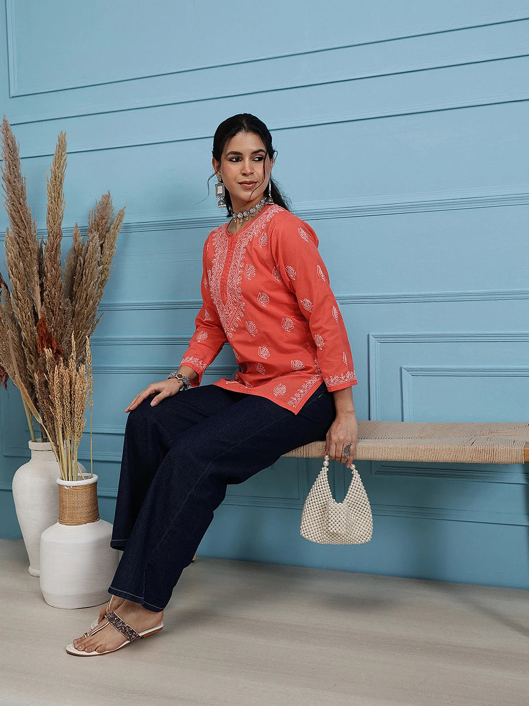 Ada Hand Embroidered Coral Red Cotton Lucknowi Chikankari Short Kurti A911387