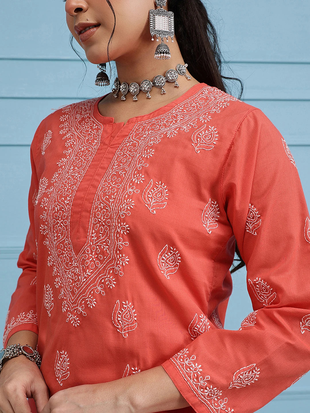 Ada Hand Embroidered Coral Red Cotton Lucknowi Chikankari Short Kurti A911387