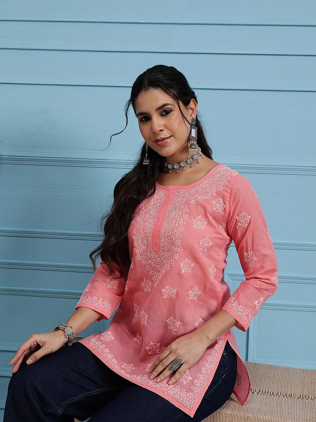 Ada Hand Embroidered Peach Cotton Lucknowi Chikankari Straight Kurti A911329
