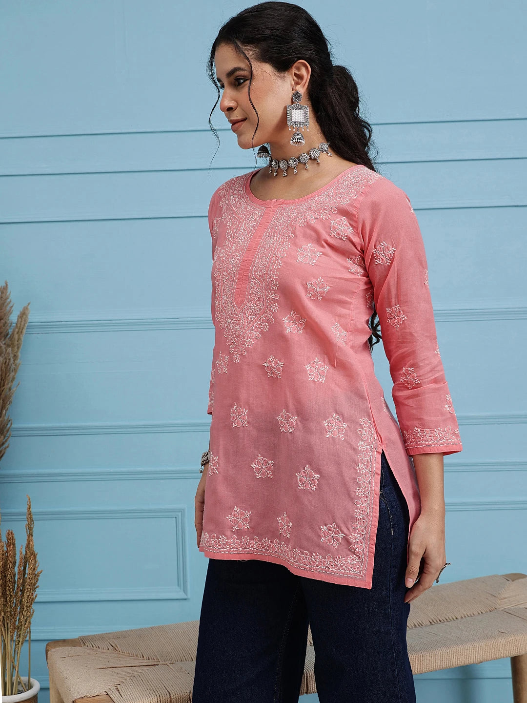 Ada Hand Embroidered Peach Cotton Lucknowi Chikankari Straight Kurti A911329