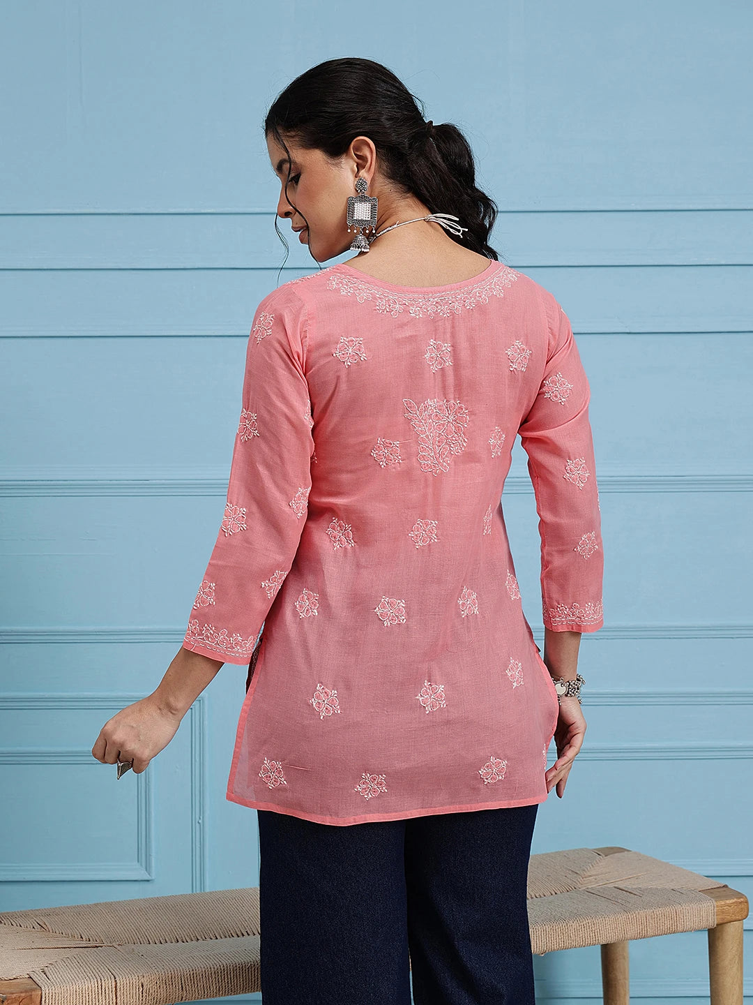 Ada Hand Embroidered Peach Cotton Lucknowi Chikankari Straight Kurti A911329