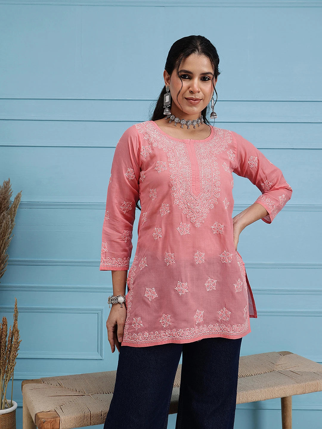 Ada Hand Embroidered Peach Cotton Lucknowi Chikankari Straight Kurti A911329