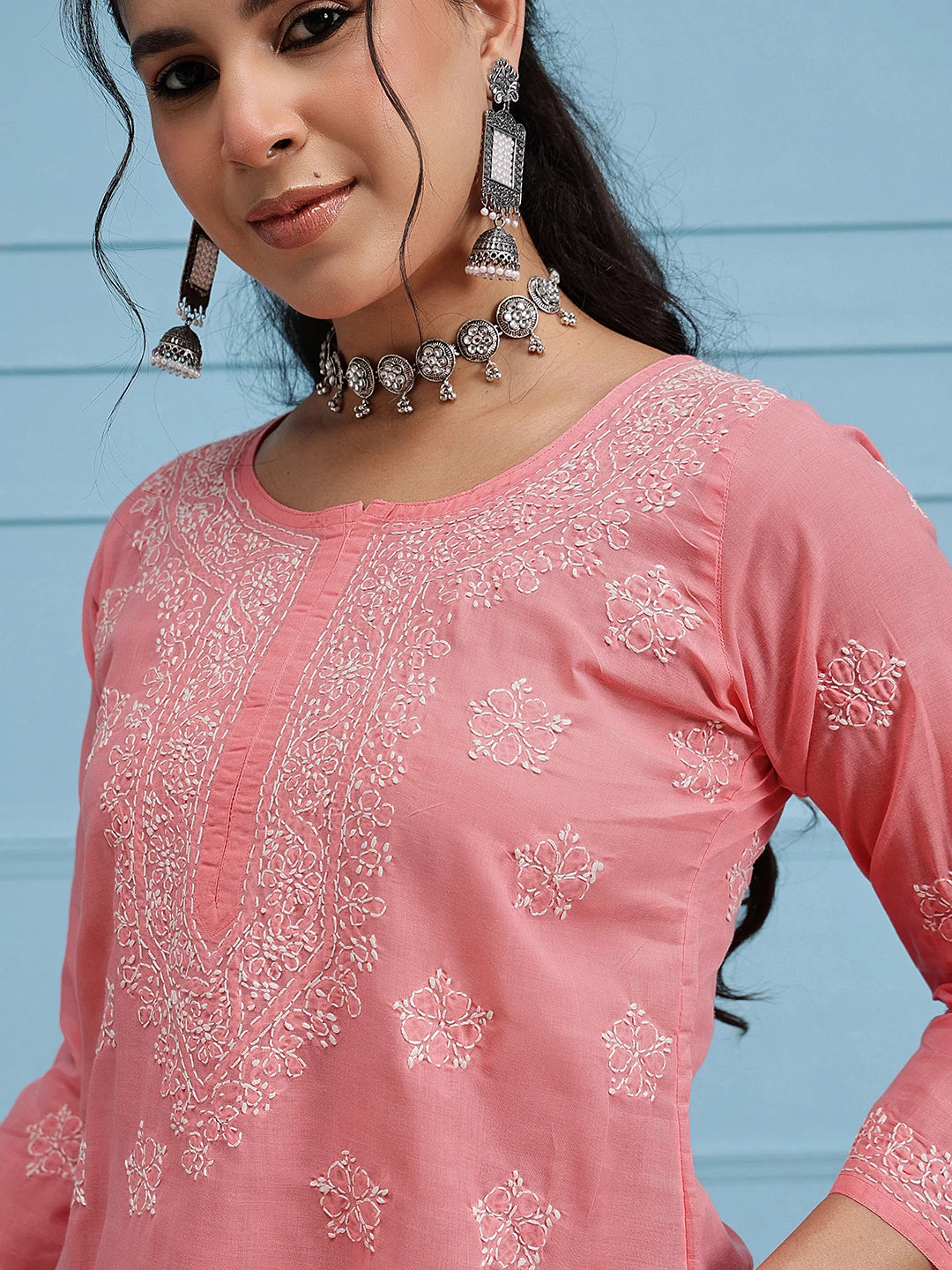 Ada Hand Embroidered Peach Cotton Lucknowi Chikankari Straight Kurti A911329