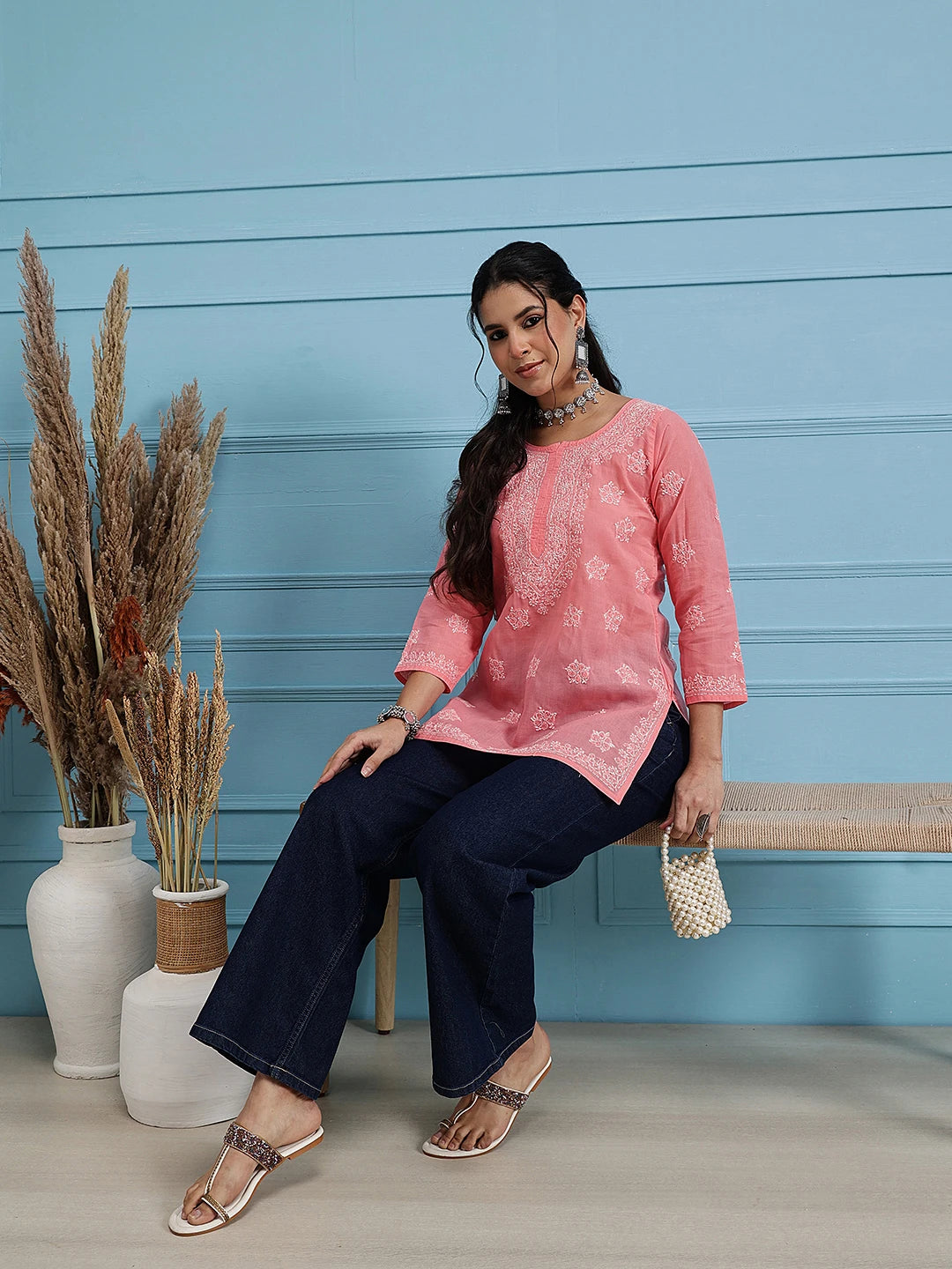 Ada Hand Embroidered Peach Cotton Lucknowi Chikankari Straight Kurti A911329