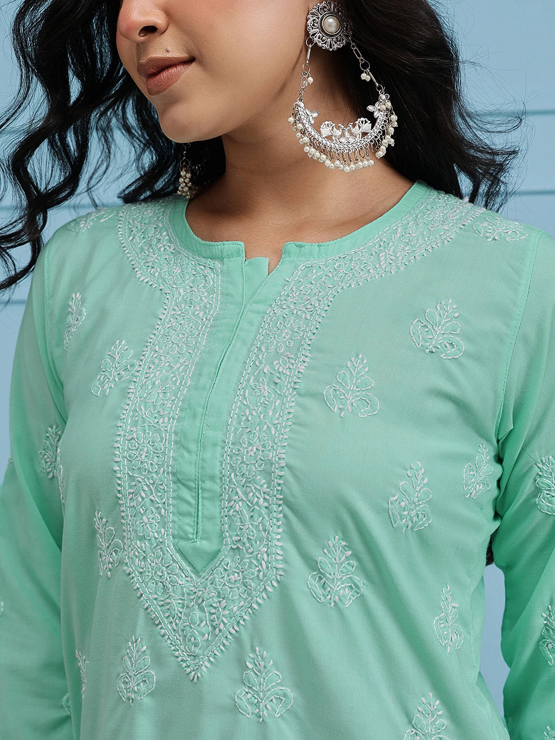 Ada Hand Embroidered Sea Green Cotton Lucknowi Chikankari Short Kurti A911339