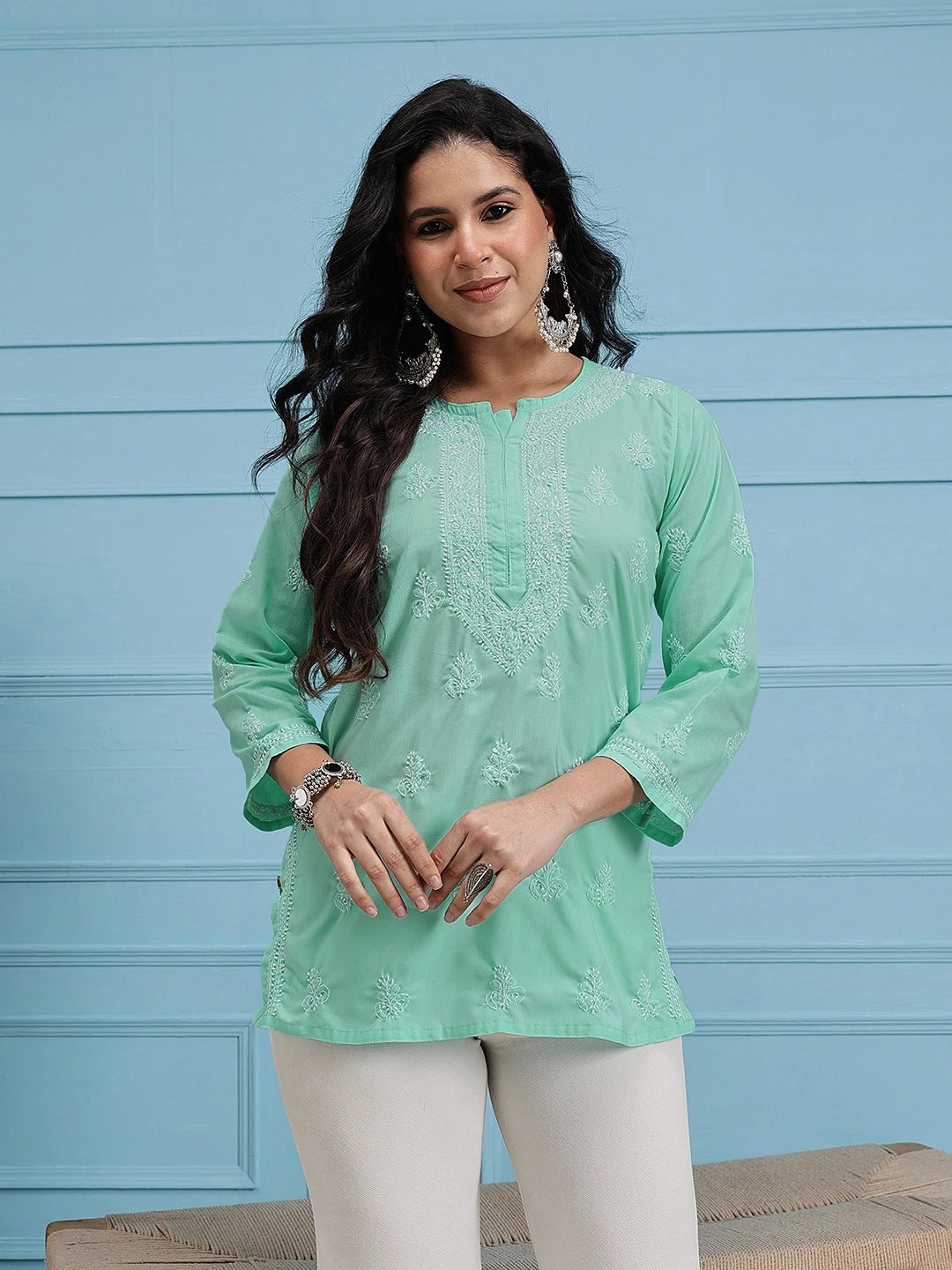 Ada Hand Embroidered Sea Green Cotton Lucknowi Chikankari Short Kurti A911339