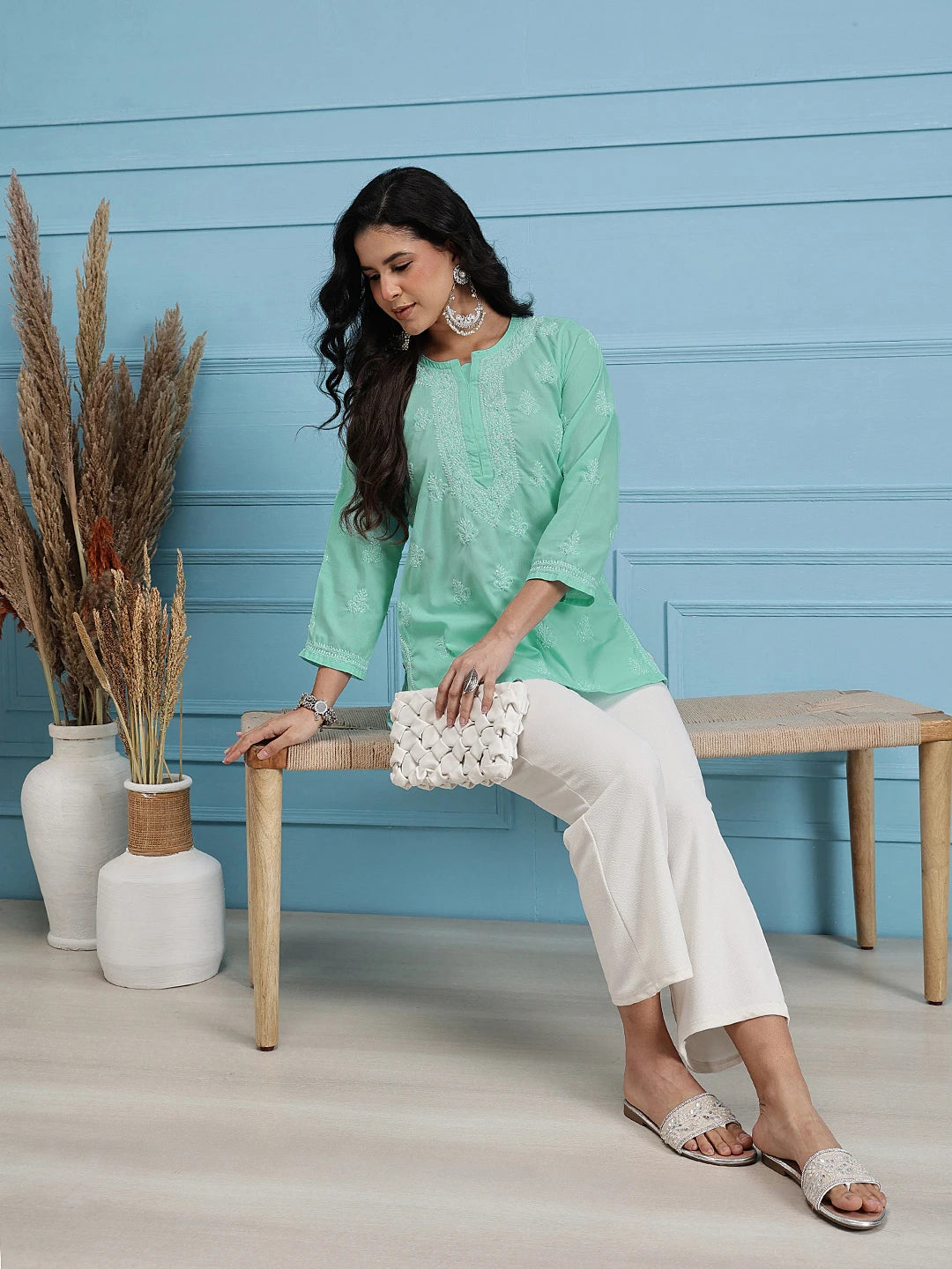 Ada Hand Embroidered Sea Green Cotton Lucknowi Chikankari Short Kurti A911339