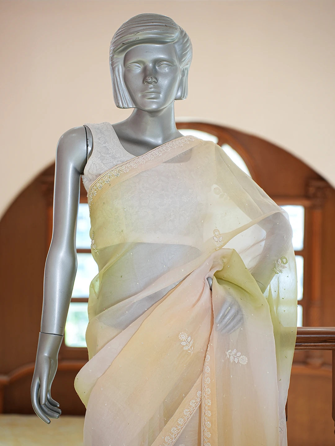 Ada Hand Embroidered Ombre Shade Of  Mindaro Green And  Light Green Organza Lucknowi Chikankari Saree and Blouse With Sequinned Work 01A705602