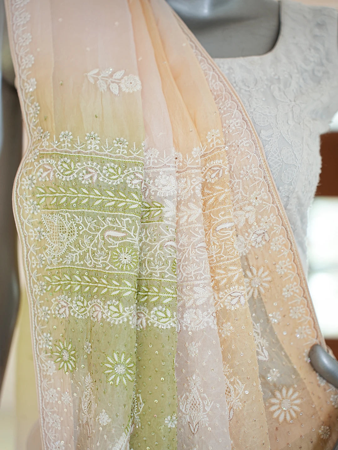 Ada Hand Embroidered Ombre Shade Of  Mindaro Green And  Light Green Organza Lucknowi Chikankari Saree and Blouse With Sequinned Work 01A705602