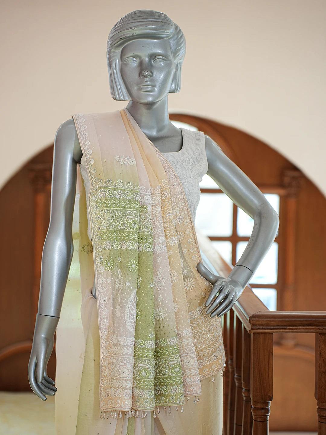 Ada Hand Embroidered Ombre Shade Of  Mindaro Green And  Light Green Organza Lucknowi Chikankari Saree and Blouse With Sequinned Work 01A705602