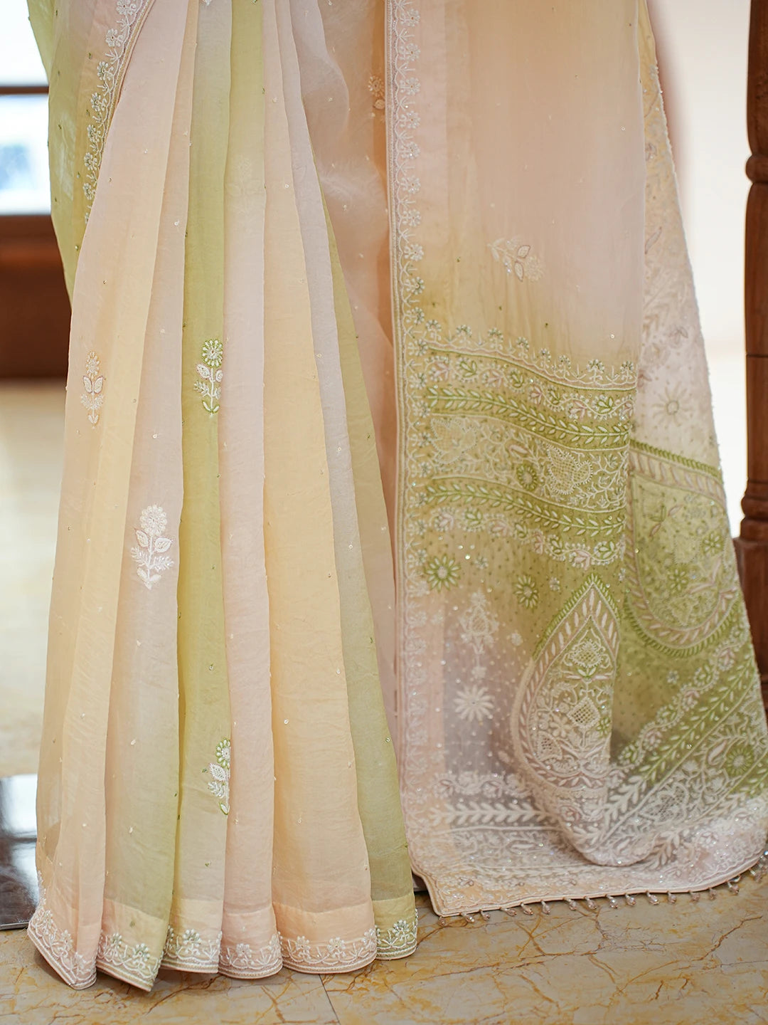 Ada Hand Embroidered Ombre Shade Of  Mindaro Green And  Light Green Organza Lucknowi Chikankari Saree and Blouse With Sequinned Work 01A705602