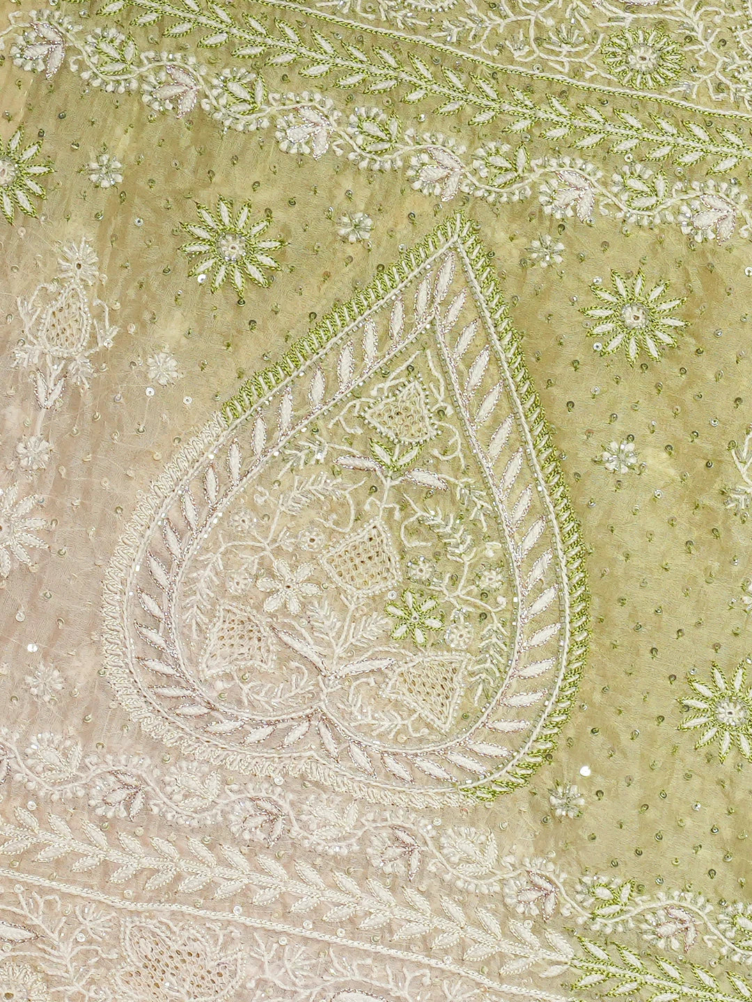Ada Hand Embroidered Ombre Shade Of  Mindaro Green And  Light Green Organza Lucknowi Chikankari Saree and Blouse With Sequinned Work 01A705602