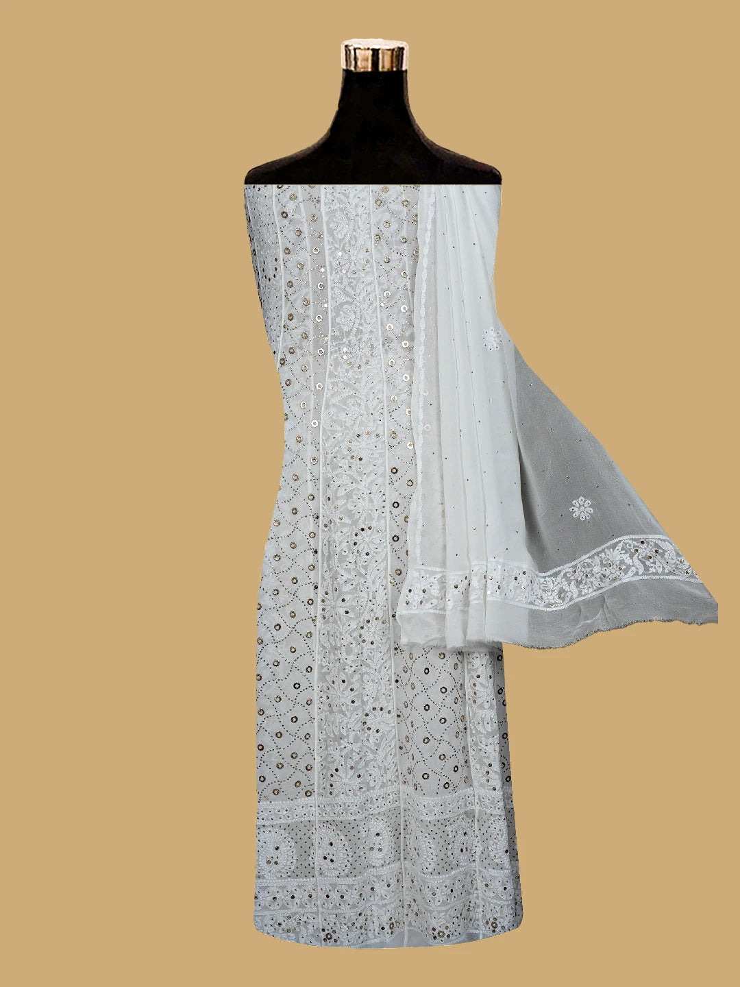 Ada Hand Embroidered White Viscose Georgette Lucknowi Chikankari Semi-Stitched Anarkali Kurta Dupatta Set With Mukaish Work 01A765536