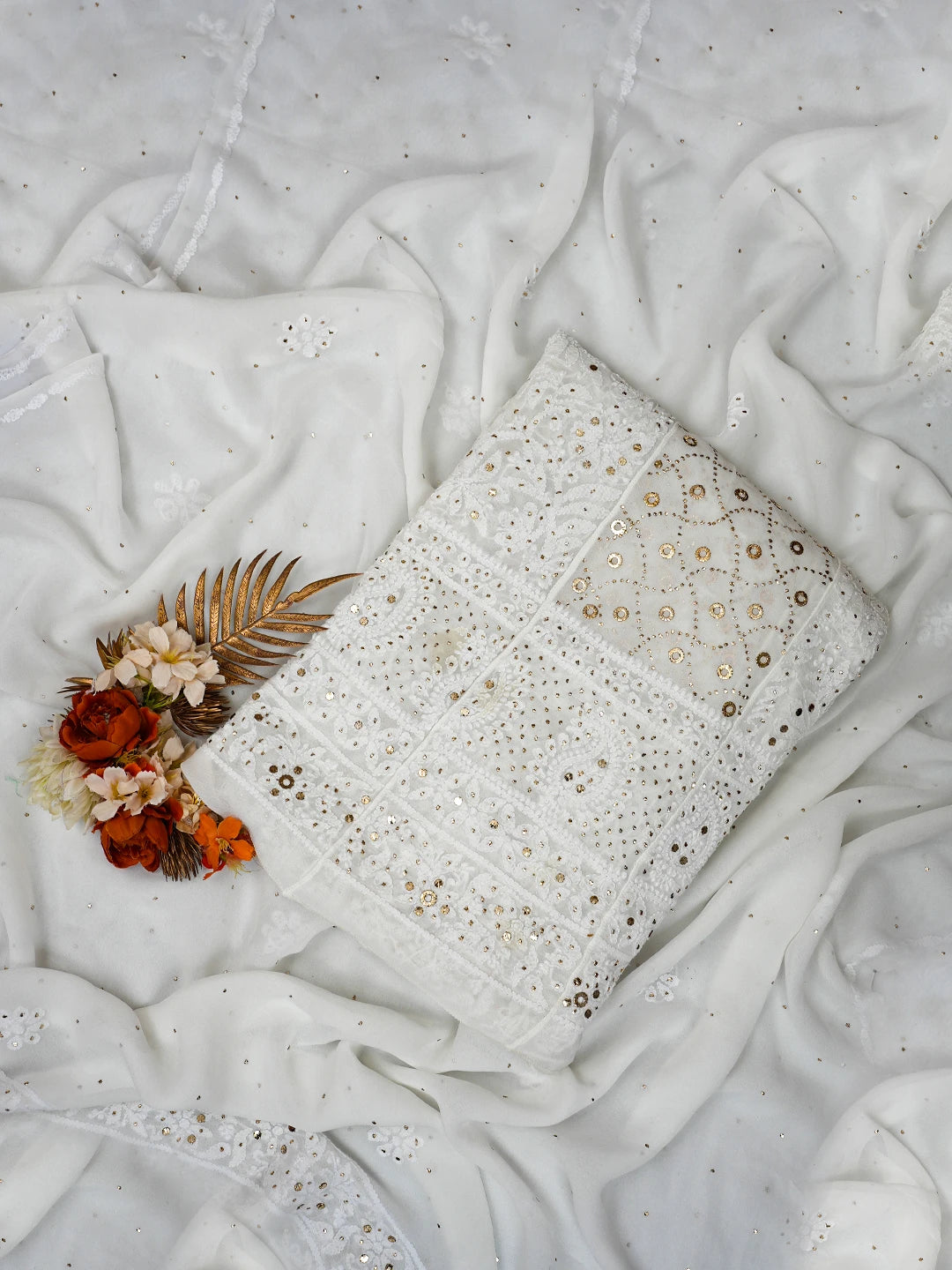 Ada Hand Embroidered White Viscose Georgette Lucknowi Chikankari Semi-Stitched Anarkali Kurta Dupatta Set With Mukaish Work 01A765536
