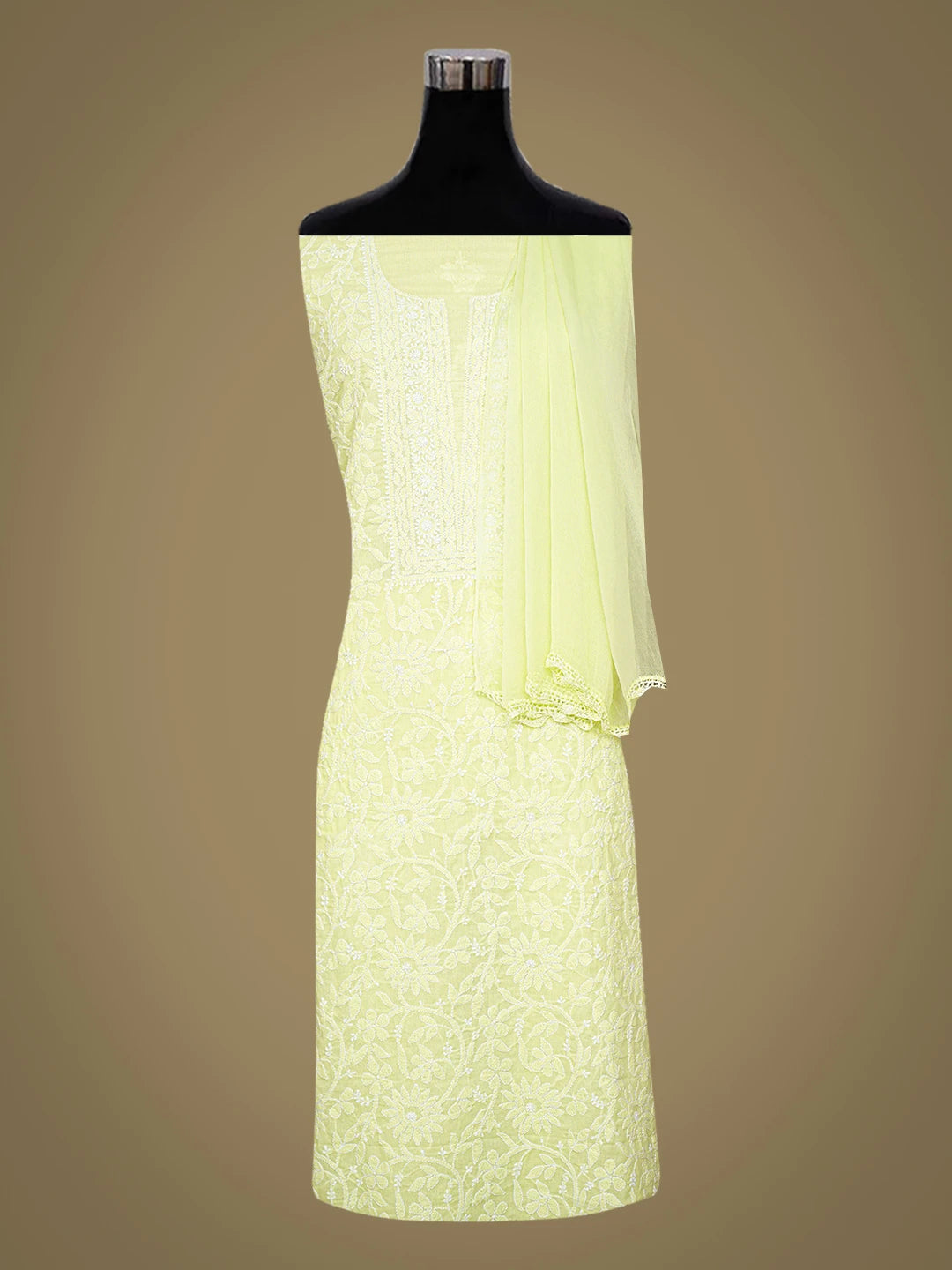 Ada Hand Embroidered Lime Green Cotton Lucknowi Chikankari Unstitched Suit Piece 01A782859