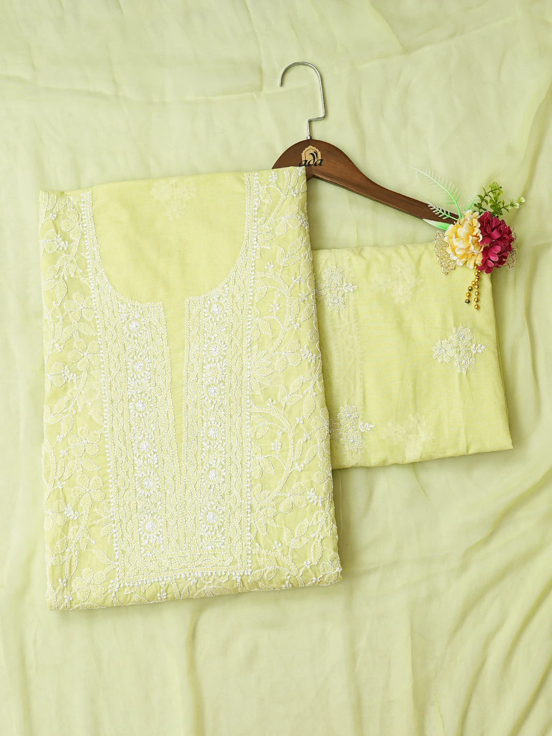 Ada Hand Embroidered Lime Green Cotton Lucknowi Chikankari Unstitched Suit Piece 01A782859
