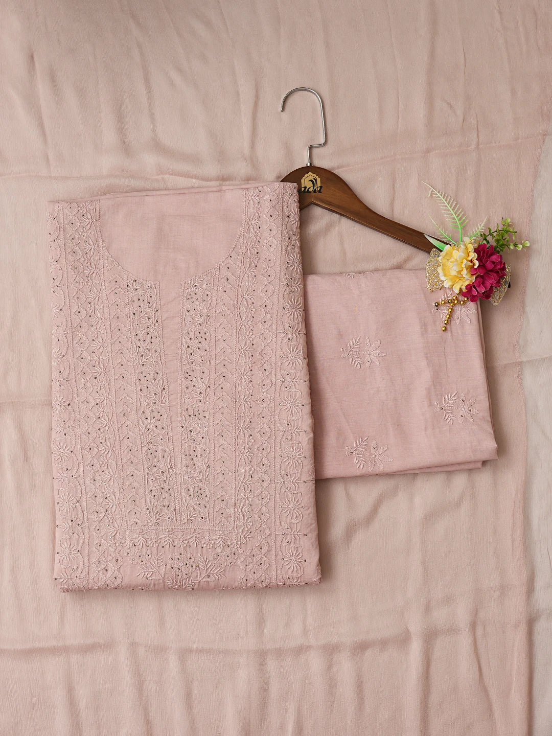 Ada Hand Embroidered Fairy Tale Pink Cotton Lucknowi Chikankari Unstitched Suit Piece With Mukaish Work 01A185846