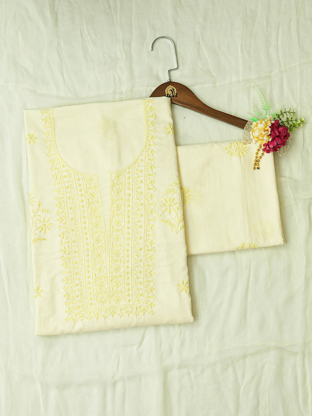 Ada Hand Embroidered Lemon Cotton Lucknowi Chikankari Unstitched Suit Piece 01A362239