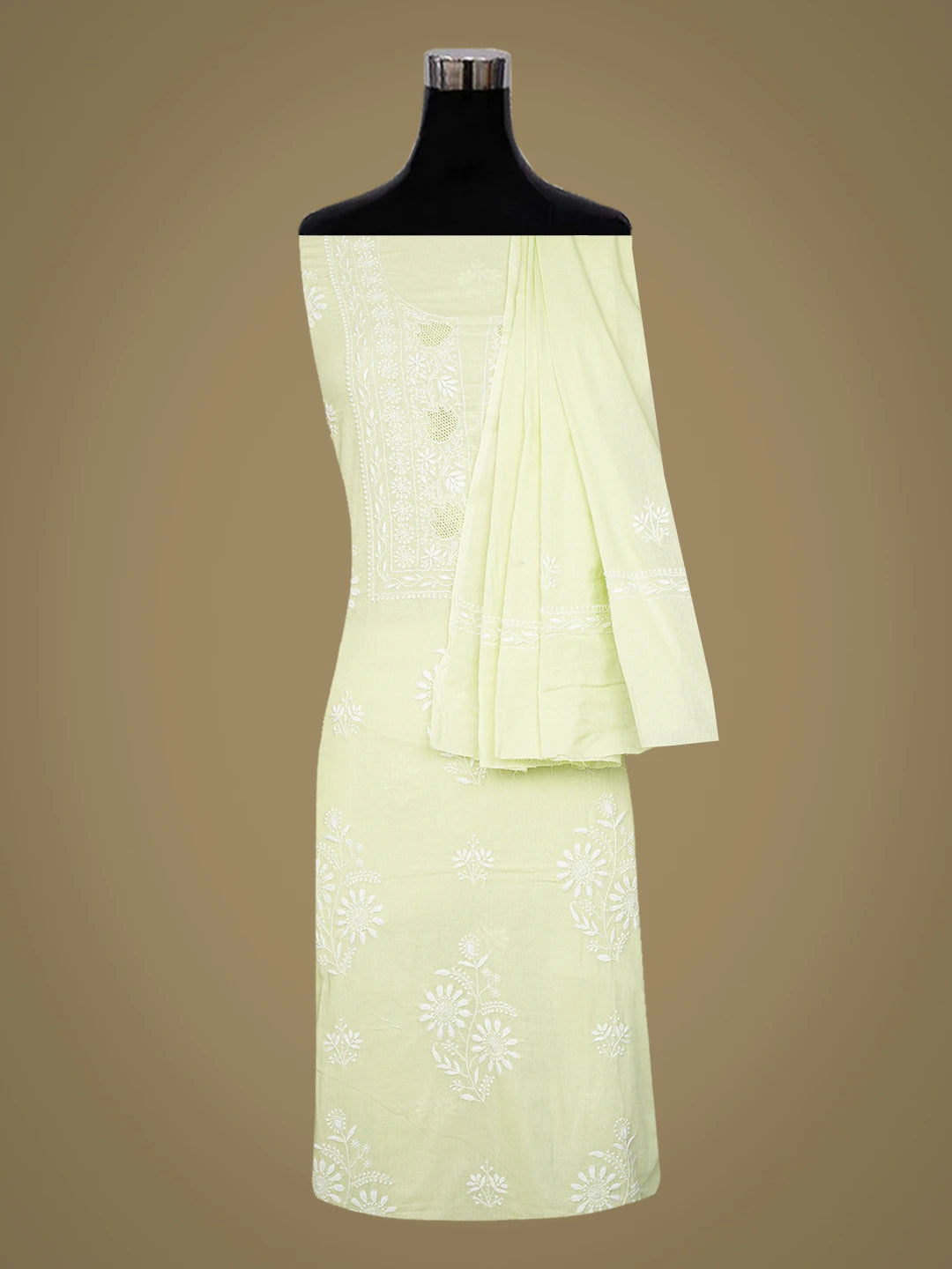 Ada Hand Embroidered Lime Green Cotton Lucknowi Chikankari Unstitched Suit Piece 01A650801