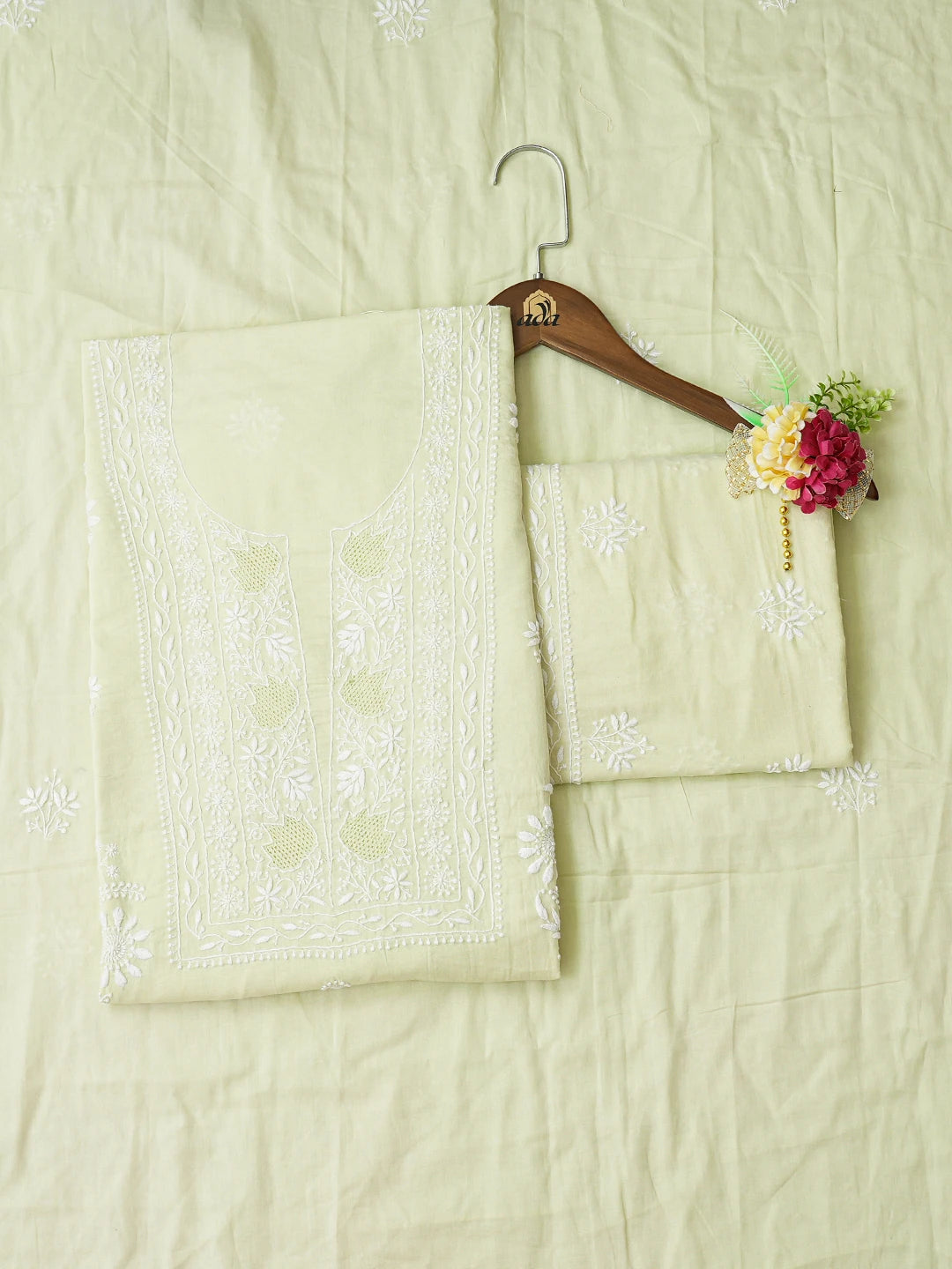 Ada Hand Embroidered Lime Green Cotton Lucknowi Chikankari Unstitched Suit Piece 01A650801