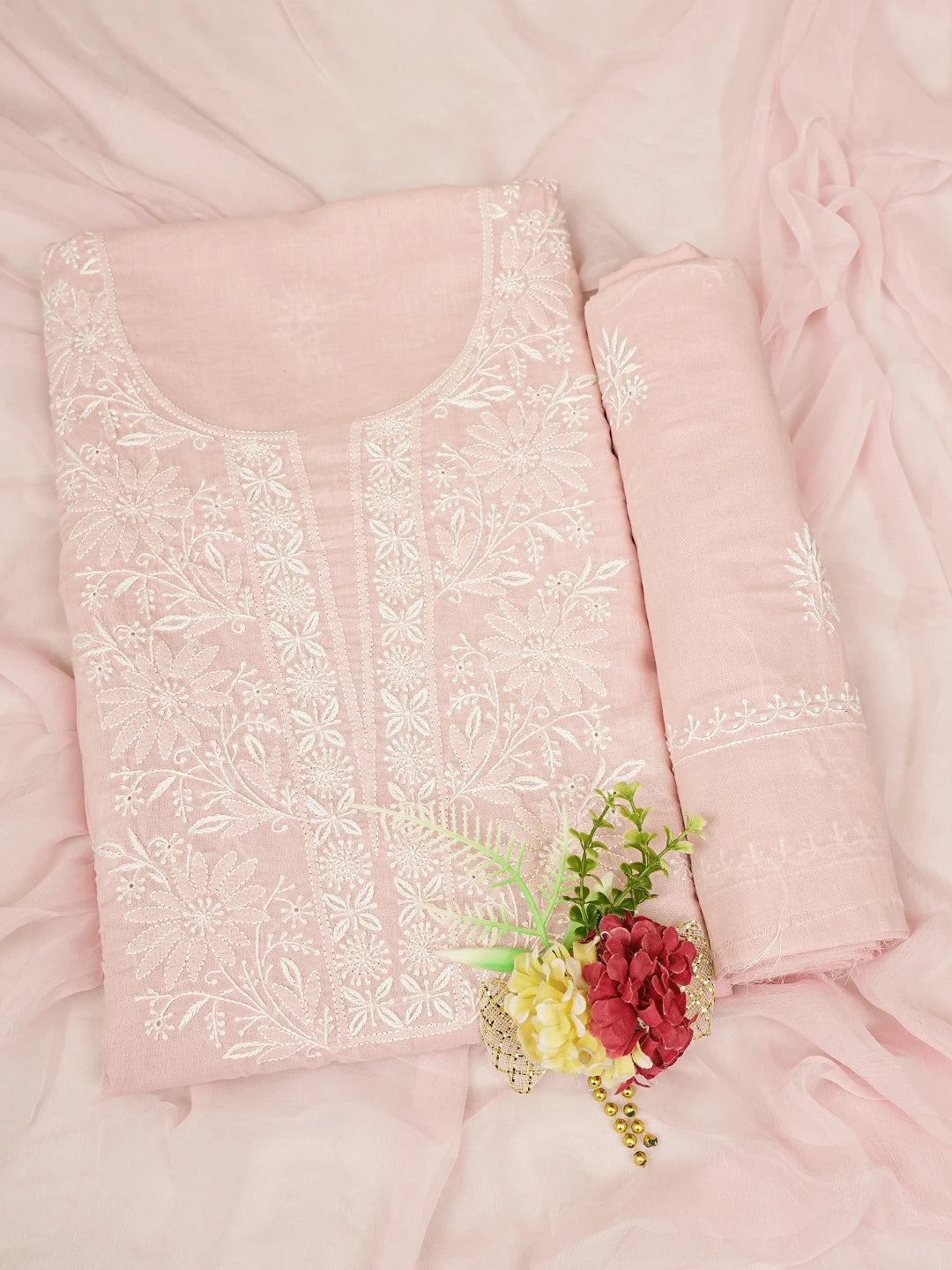 Ada Hand Embroidered Dusty Pink Cotton Lucknowi Chikankari Unstitched Suit Piece 01A773523