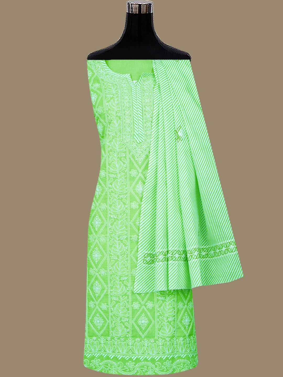 Ada Hand Embroidered Green Cotton Lucknowi Chikankari Unstitched Suit Piece 01A677497