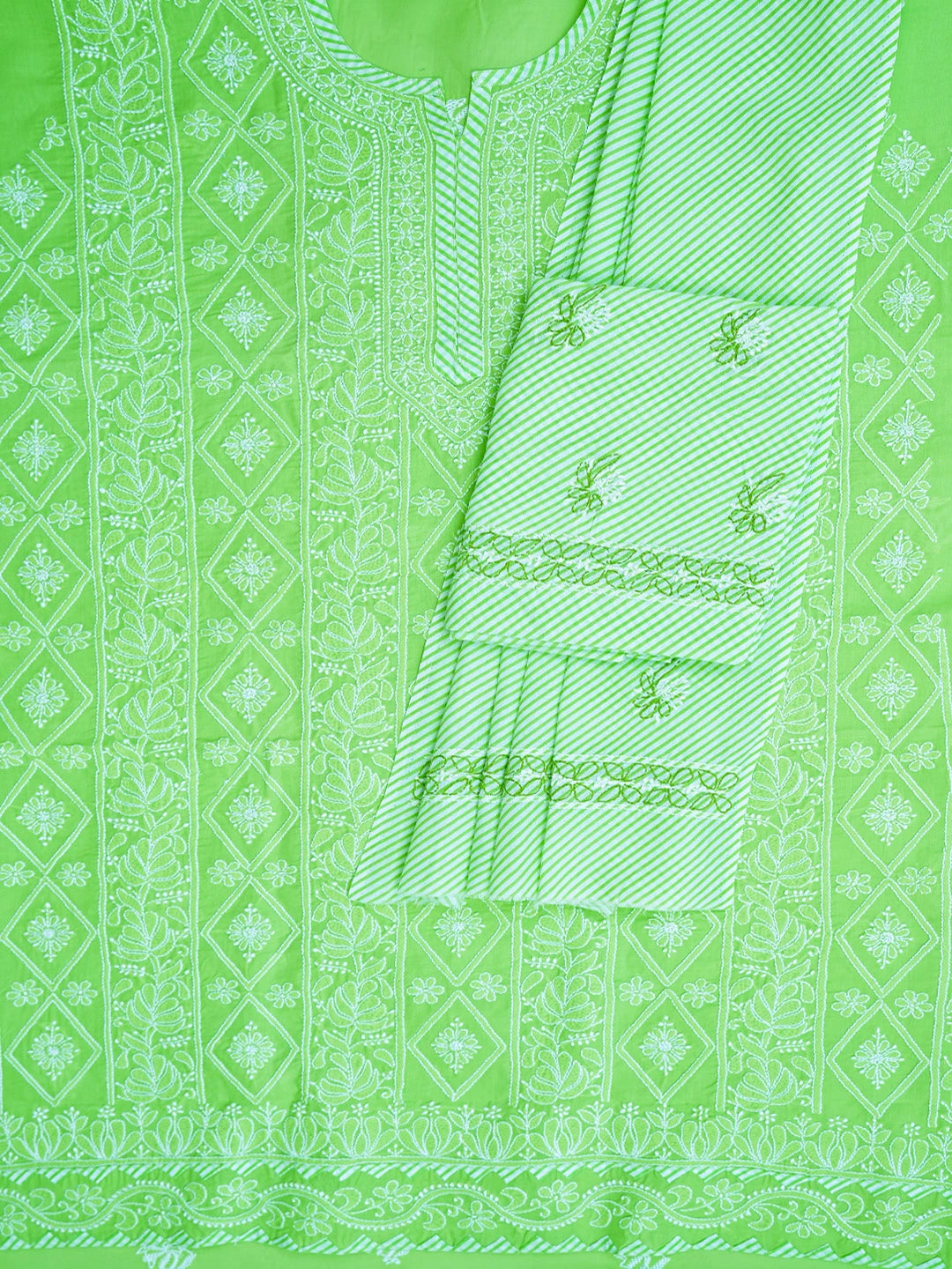 Ada Hand Embroidered Green Cotton Lucknowi Chikankari Unstitched Suit Piece 01A677497