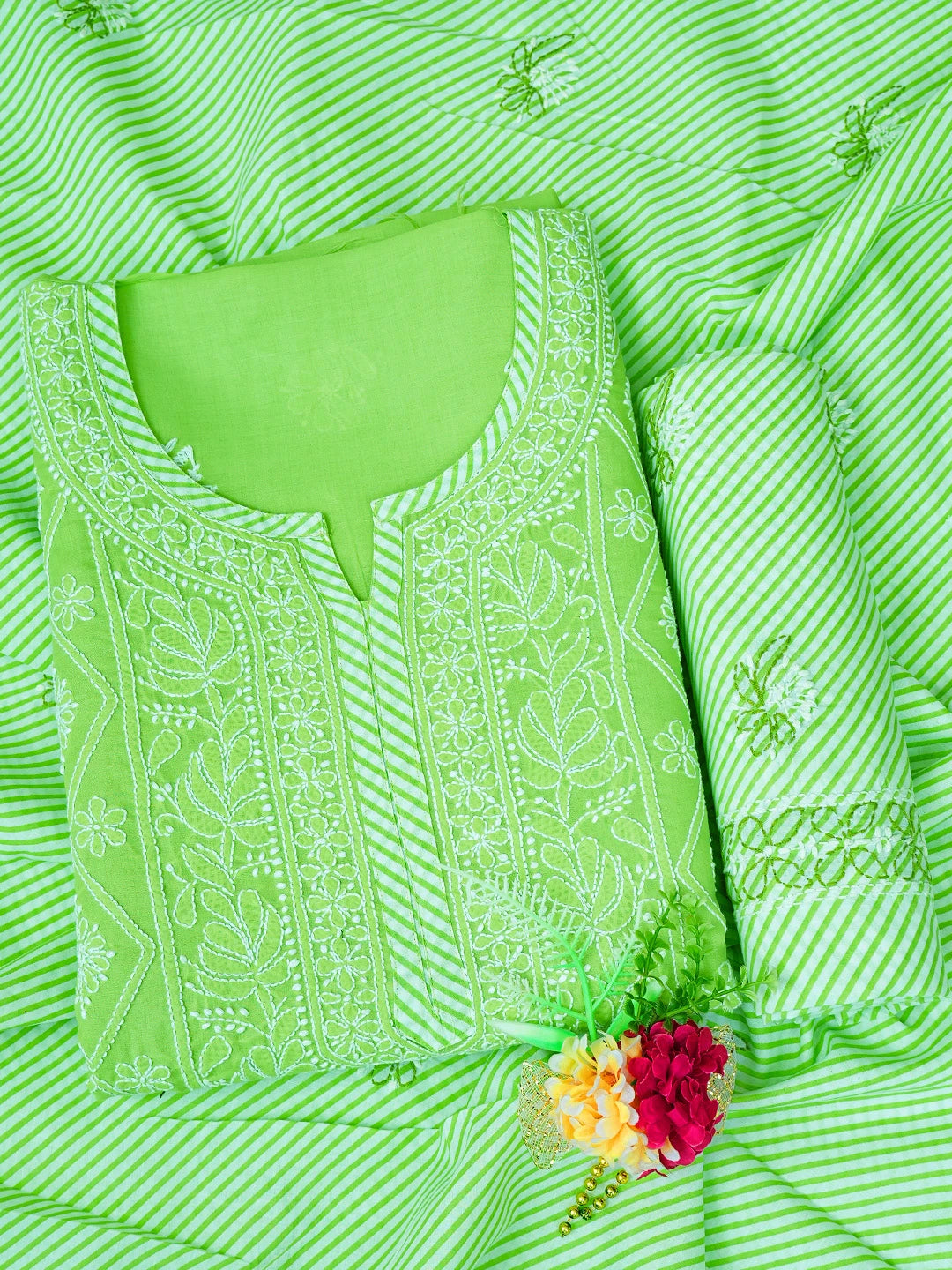 Ada Hand Embroidered Green Cotton Lucknowi Chikankari Unstitched Suit Piece 01A677497