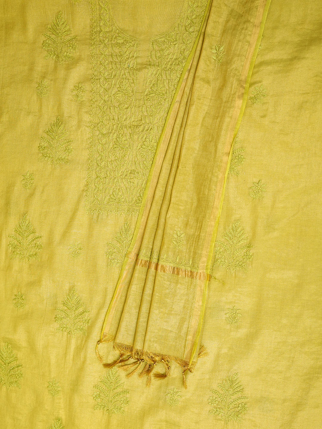 Ada Hand Embroidered Olive Green Tissue Lucknowi Chikankari Unstitched Kurta Dupatta Set 01A779547