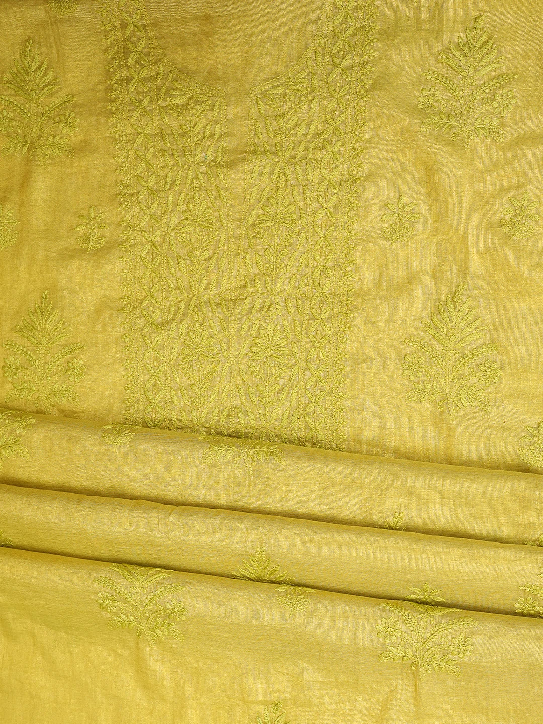Ada Hand Embroidered Olive Green Tissue Lucknowi Chikankari Unstitched Kurta Dupatta Set 01A779547